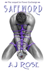 Front-facing man kneeling tied with purple rope in shibari technique