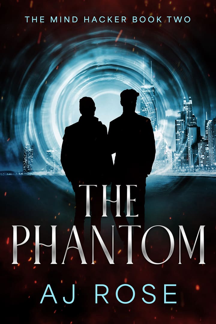The Phantom book 2 cover two silhouetted men against the Chicago skyline with a blue lighted background reading The Phantom by AJ Rose
